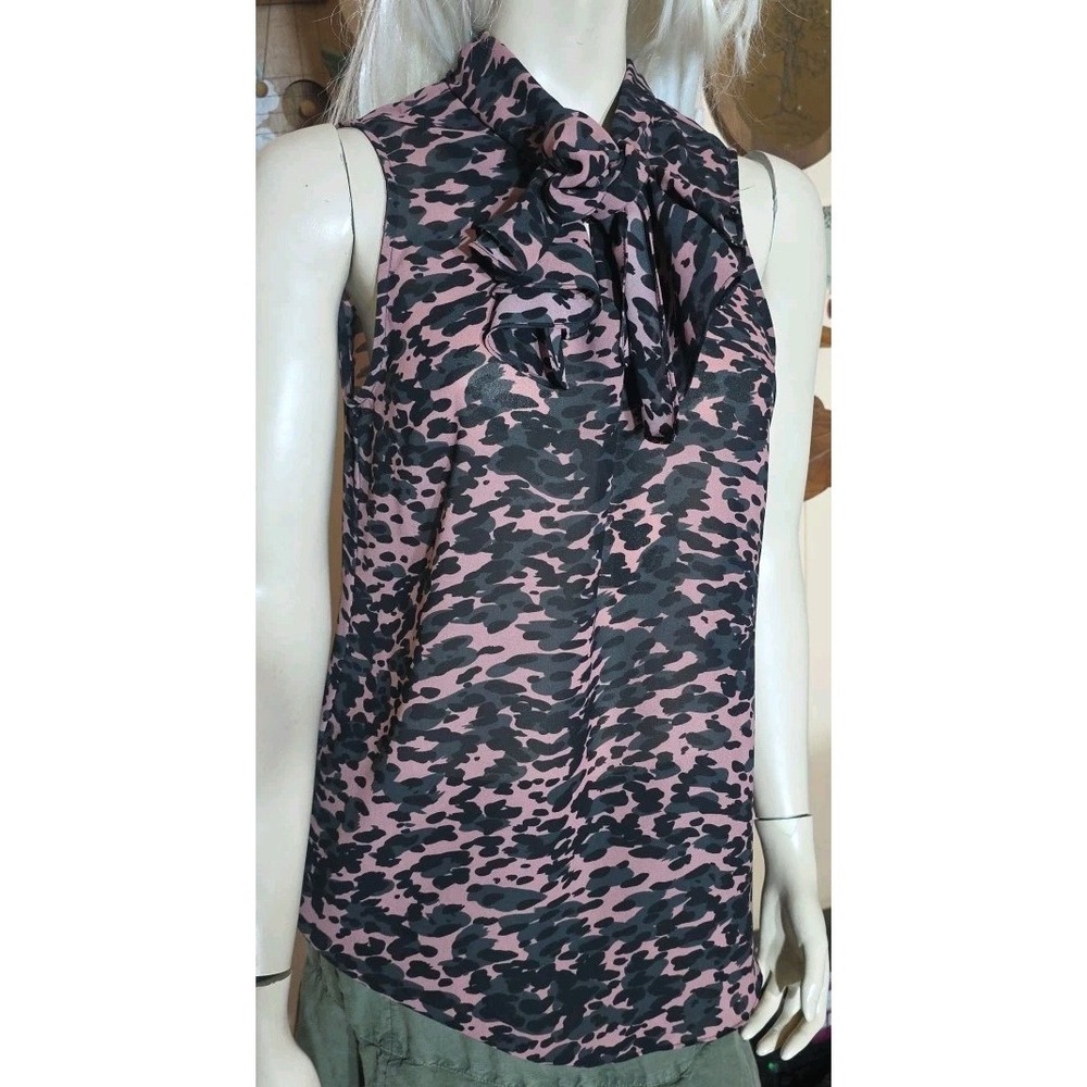 CAbi sheer abstract neural tank blouse size Small pullover front tie Pink Black
